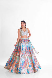 BLUE MIRROR EMBROIDERED LEHENGA SET.