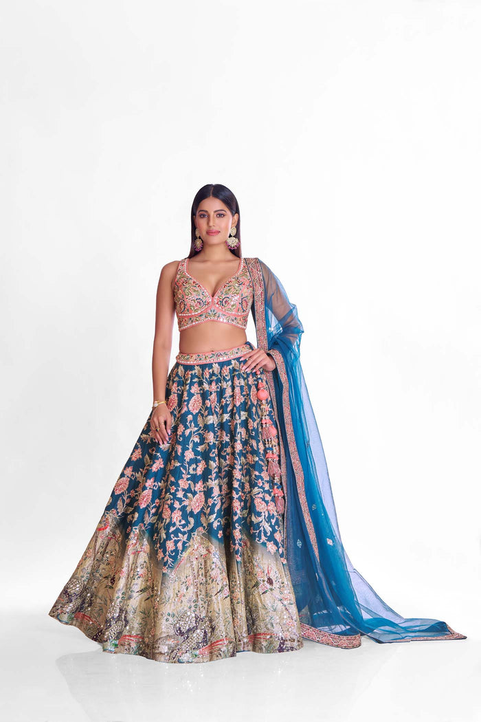 STUNNING BLUE LEHENGA SET WITH MIRROR & SEQUINS WORK.
