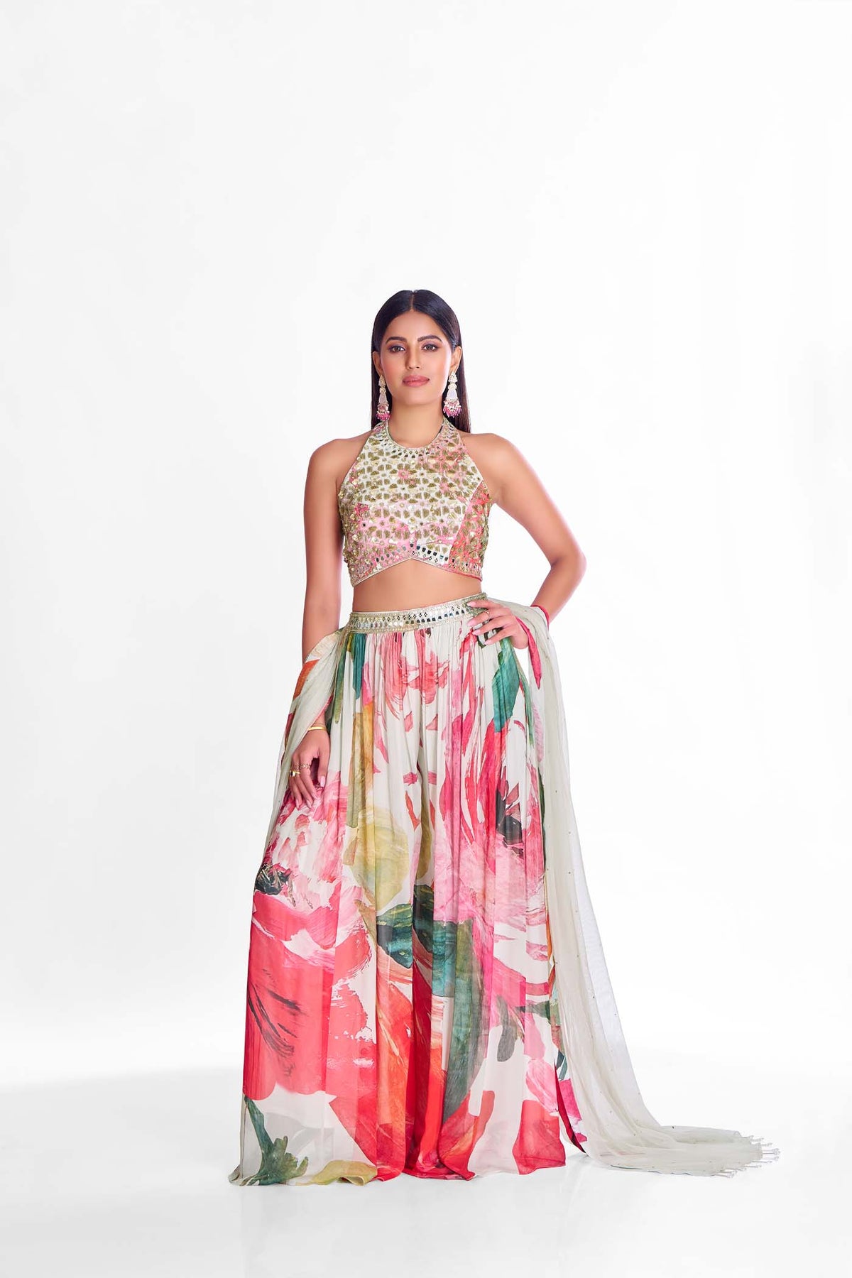 MULTICOLORED MIRROR EMBROIDERED SHARARA SET WITH DUPATTA