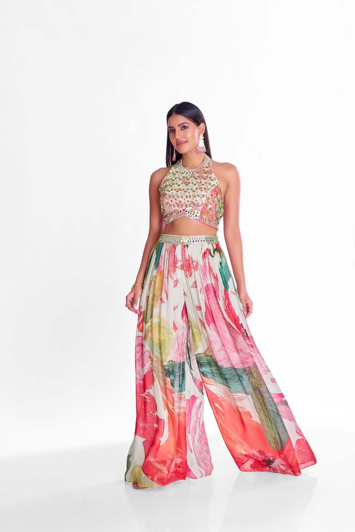 MULTICOLORED MIRROR EMBROIDERED SHARARA SET WITH DUPATTA