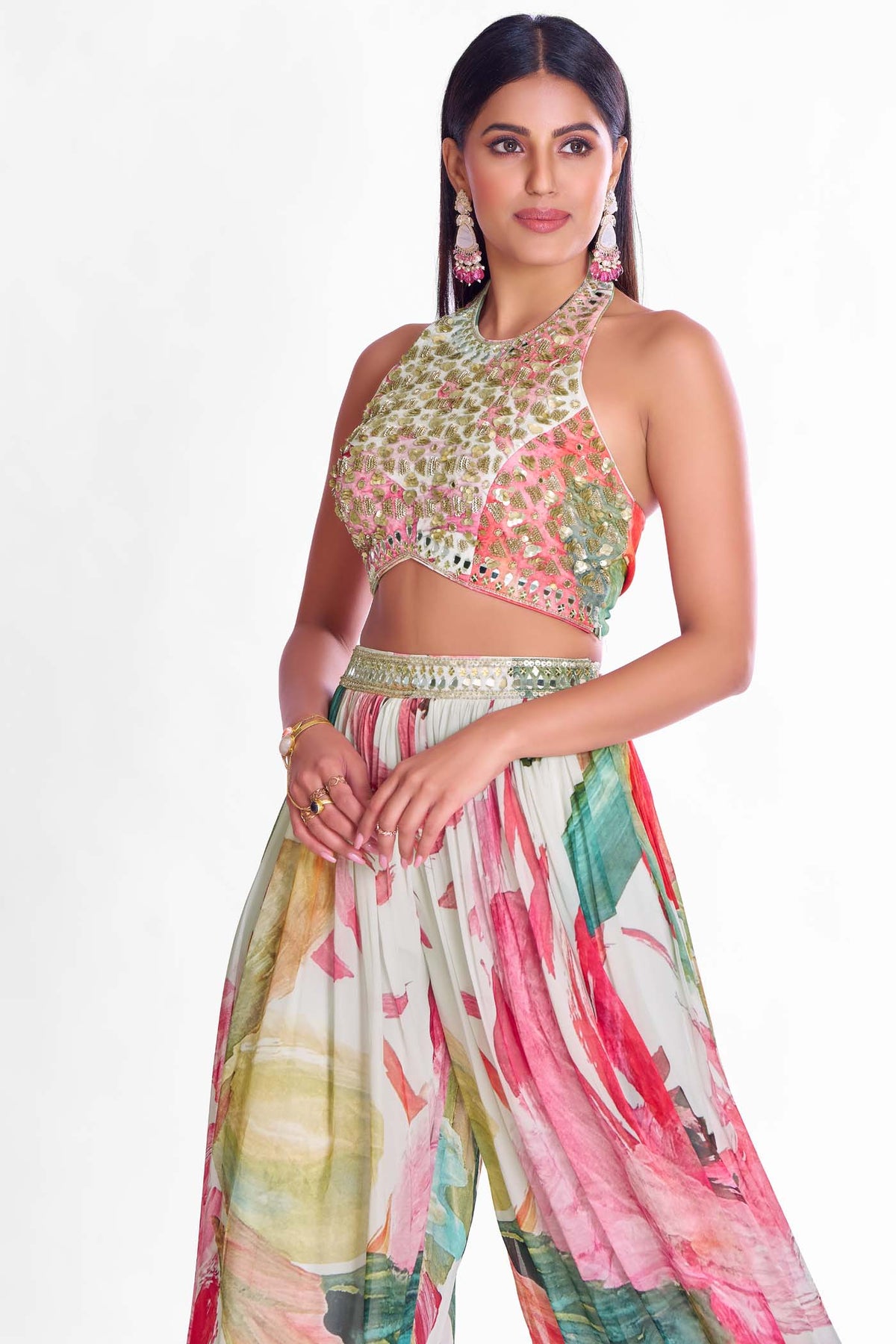 MULTICOLORED MIRROR EMBROIDERED SHARARA SET WITH DUPATTA