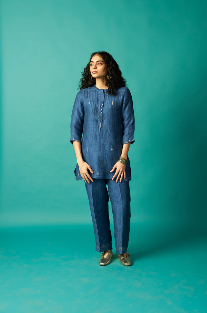 INDIGO BLUE ZARI WORK LINEN CO-ORD SET