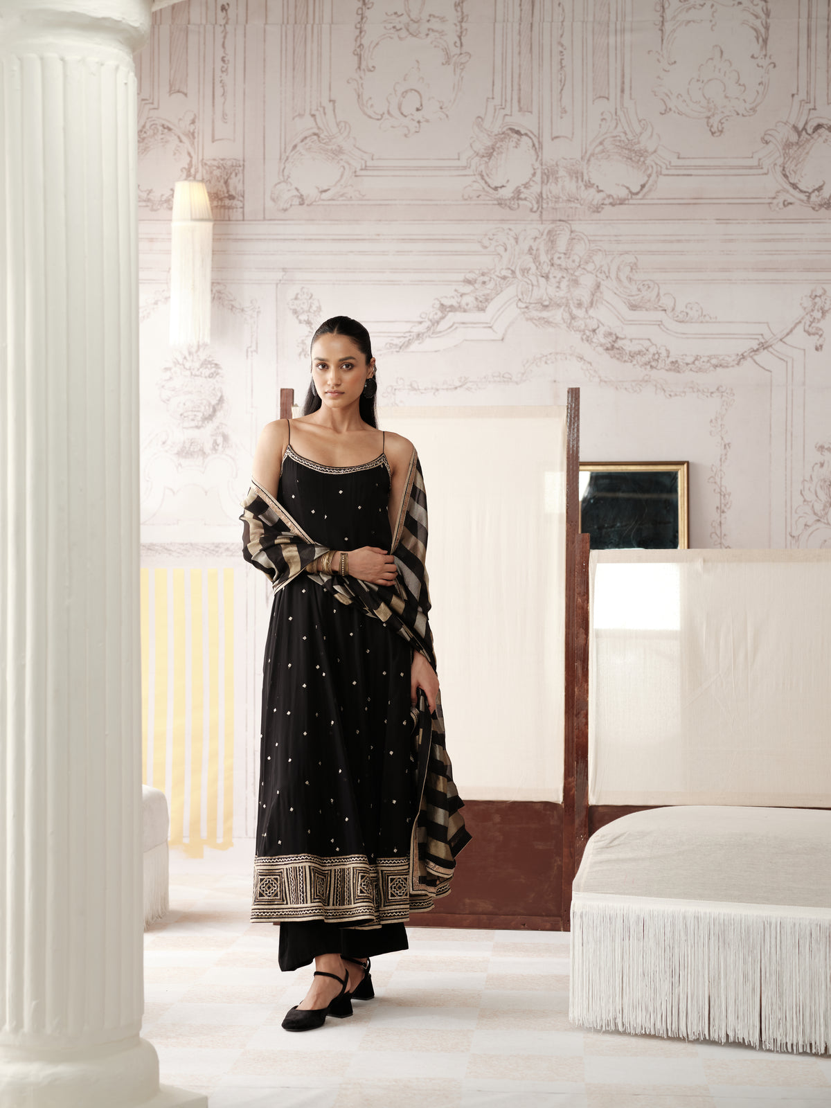 Black sequin embroidered Anarkali suit with zari and bead work for wedding and sangeet