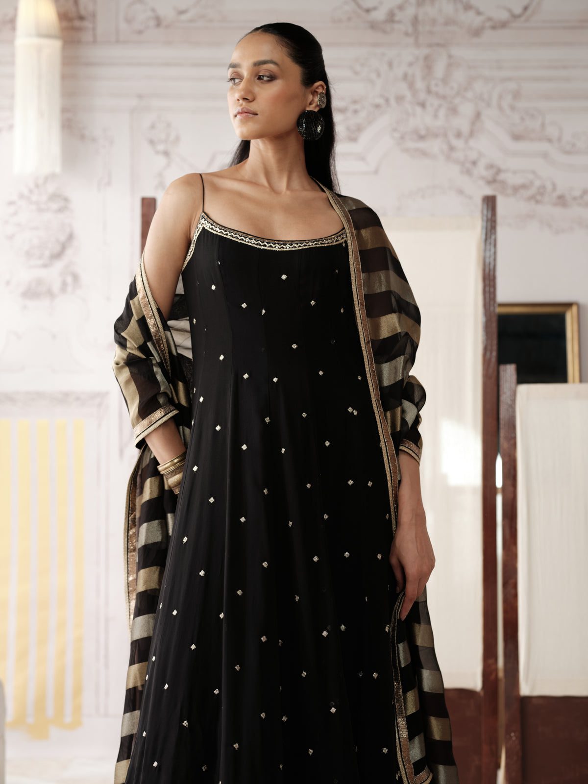 Designer black Anarkali suit with sequins, zari and beads for festive and party wear