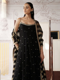 Designer black Anarkali suit with sequins, zari and beads for festive and party wear