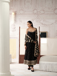 Black georgette Anarkali suit with sequin embroidery, pants and dupatta for wedding reception