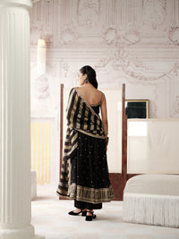 Black sequin Anarkali dress with zari and bead embroidery for festive occasions, parties and weddings
