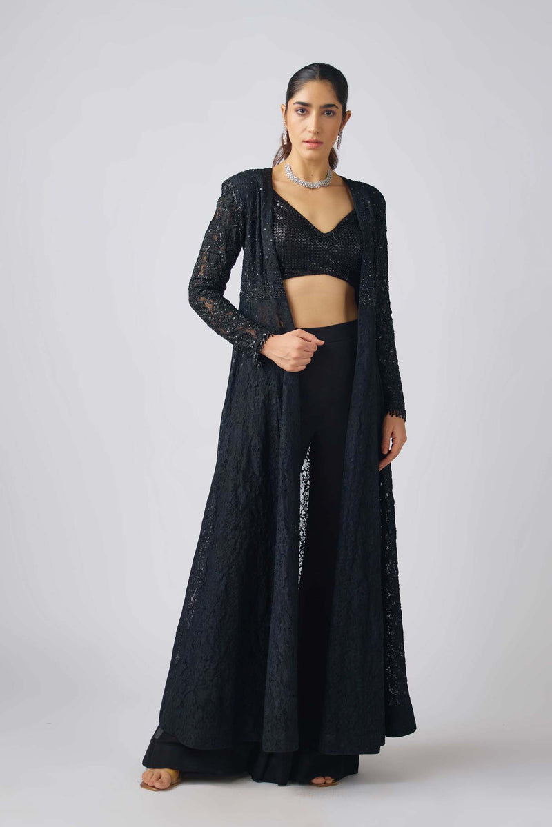 BLACK GEORGETTE EMBROIDERED CAPE SET
