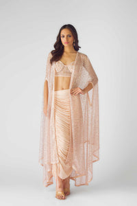 CONTEMPORARY PEACH INDOWESTERN CAPE SET WITH INTRICATE EMBROIDERY