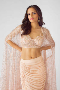CONTEMPORARY PEACH INDOWESTERN CAPE SET WITH INTRICATE EMBROIDERY