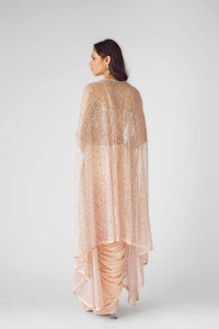 CONTEMPORARY PEACH INDOWESTERN CAPE SET WITH INTRICATE EMBROIDERY