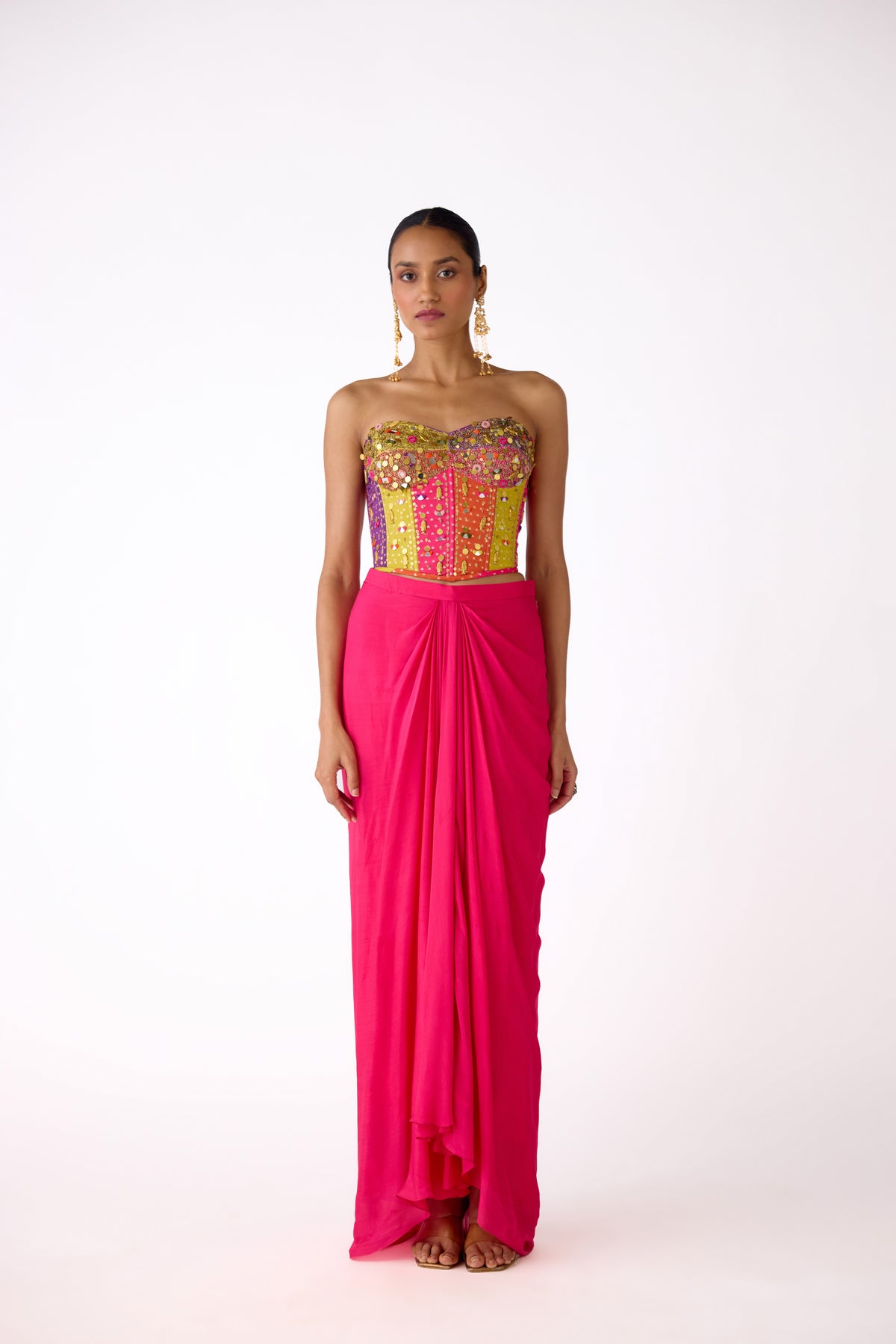 PINK MIRROR EMBROIDERED CORSET AND SKIRT SET | Nishly Fashion House