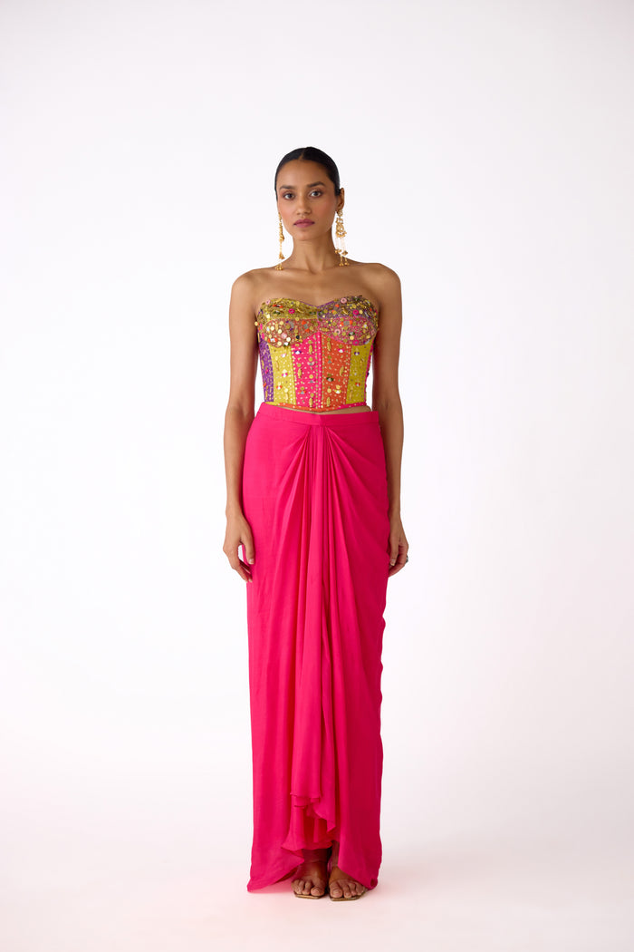 PINK MIRROR EMBROIDERED CORSET AND SKIRT SET | Nishly Fashion House