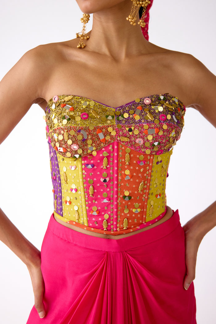 PINK MIRROR EMBROIDERED CORSET AND SKIRT SET | Nishly Fashion House