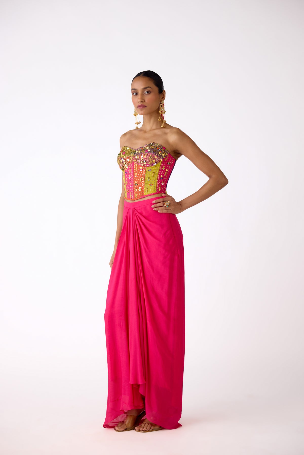 PINK MIRROR EMBROIDERED CORSET AND SKIRT SET | Nishly Fashion House
