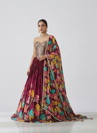WINE MIRROR EMBROIDERED PRINTED CORSET LEHENGA SET