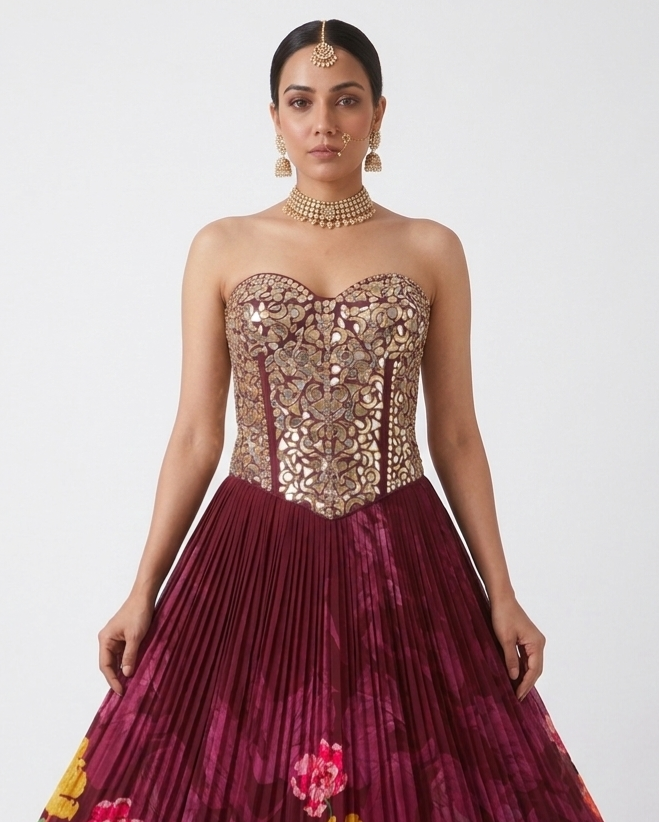 WINE MIRROR EMBROIDERED PRINTED CORSET LEHENGA SET