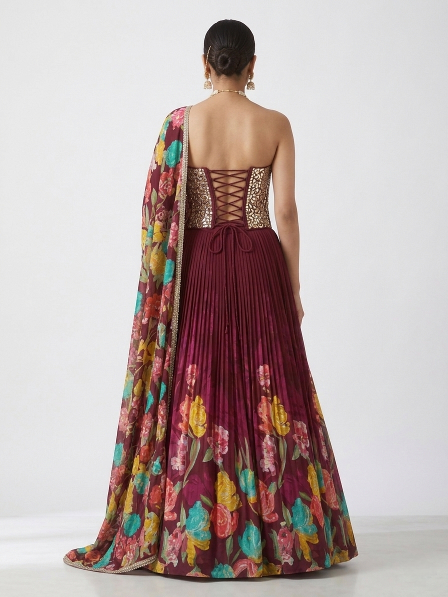 WINE MIRROR EMBROIDERED PRINTED CORSET LEHENGA SET