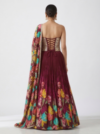 WINE MIRROR EMBROIDERED PRINTED CORSET LEHENGA SET