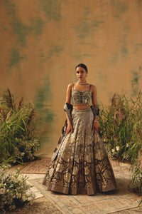 BROWN BANARASI MIRROR EMBROIDERED CORSET LEHENGA SET | Nishly Fashion House