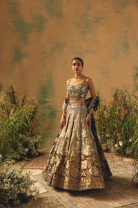 BROWN BANARASI MIRROR EMBROIDERED CORSET LEHENGA SET | Nishly Fashion House