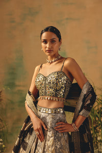 BROWN BANARASI MIRROR EMBROIDERED CORSET LEHENGA SET | Nishly Fashion House