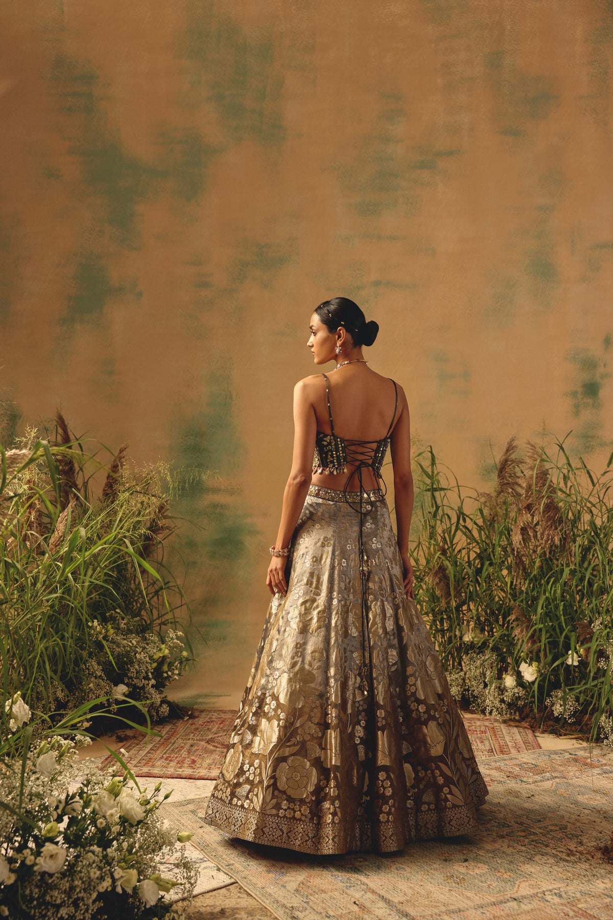 BROWN BANARASI MIRROR EMBROIDERED CORSET LEHENGA SET | Nishly Fashion House