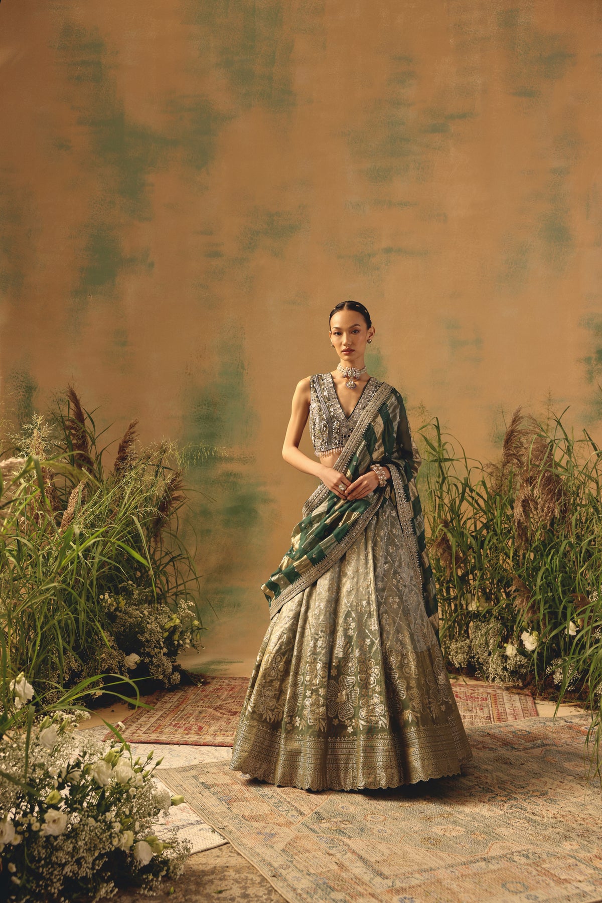 GREEN BANARASI MIRROR EMBROIDERED LEHENGA SET