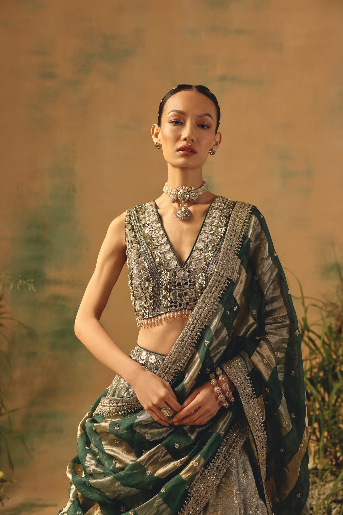 GREEN BANARASI MIRROR EMBROIDERED LEHENGA SET