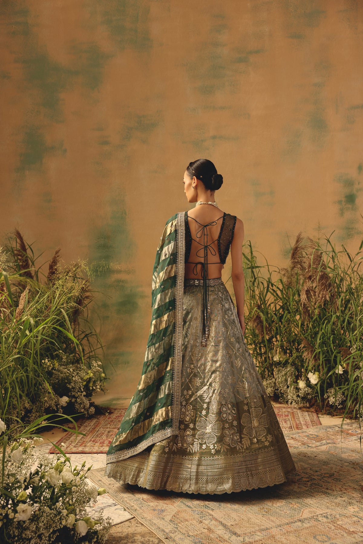 GREEN BANARASI MIRROR EMBROIDERED LEHENGA SET