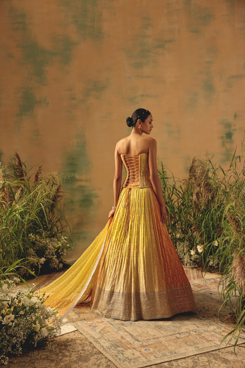 YELLOW CORSET BANARASI GEORGETTE LEHENGA SET