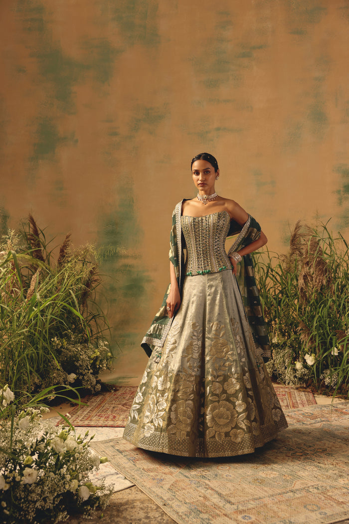 GREEN CRYSTAL EMBELLISHED CORSET BANARASI LEHENGA | Nishly Fashion House