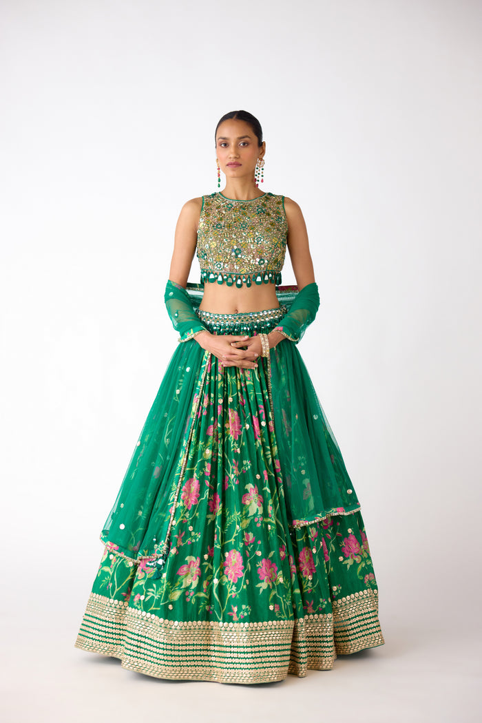 GREEN FLORAL MIRROR EMBROIDERED LEHENGA SET