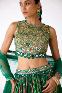 GREEN FLORAL MIRROR EMBROIDERED LEHENGA SET