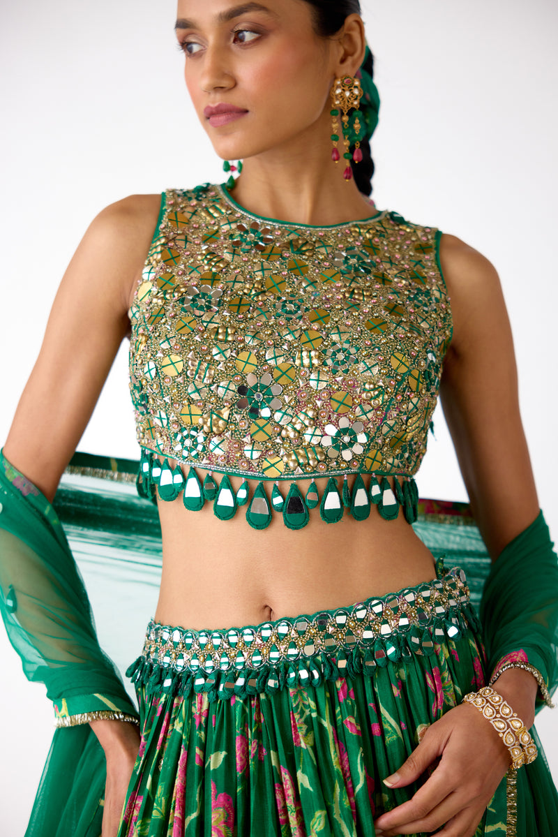 GREEN FLORAL MIRROR EMBROIDERED LEHENGA SET
