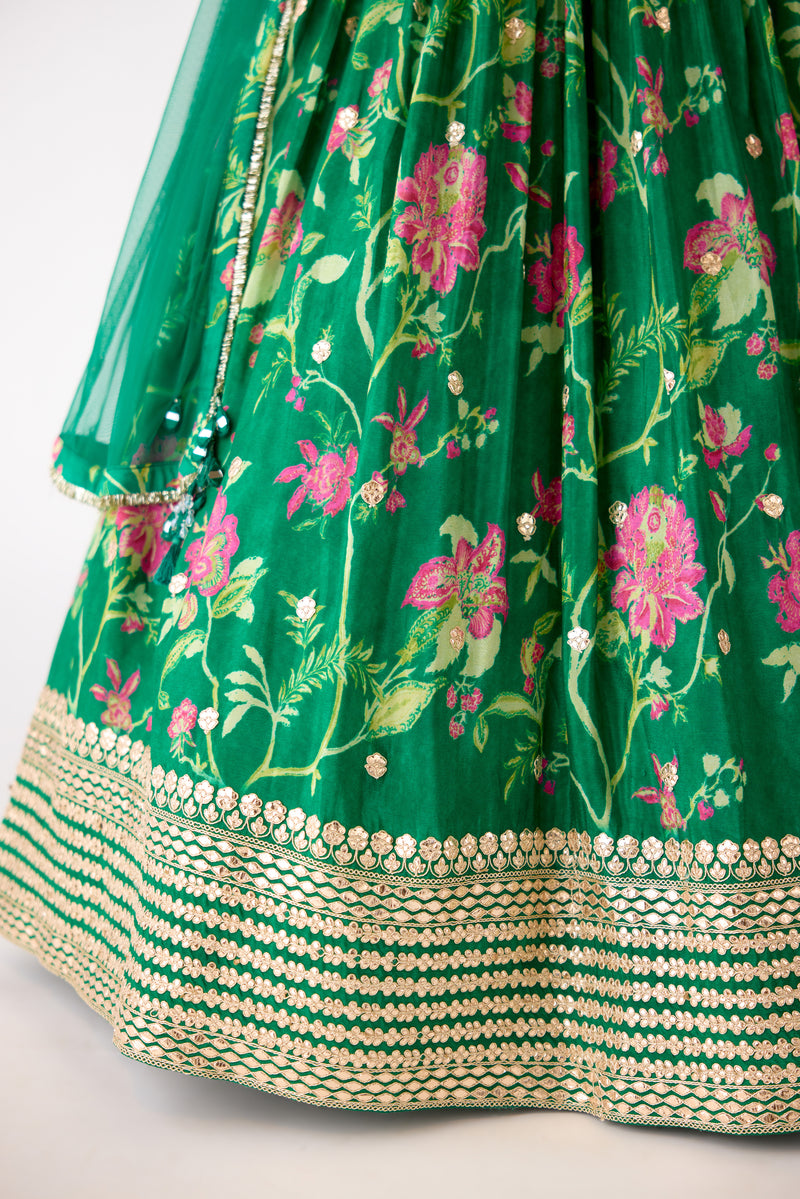 GREEN FLORAL MIRROR EMBROIDERED LEHENGA SET