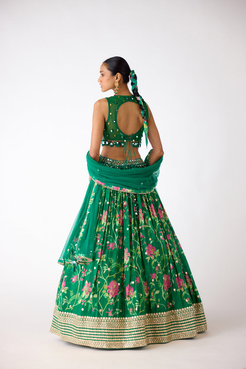 GREEN FLORAL MIRROR EMBROIDERED LEHENGA SET