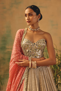 IVORY TISSUE CORSET MIRROR LEHENGA SET