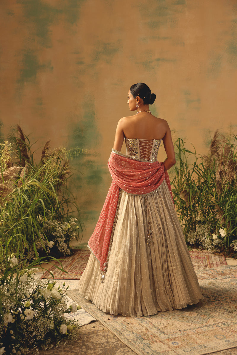 IVORY TISSUE CORSET MIRROR LEHENGA SET