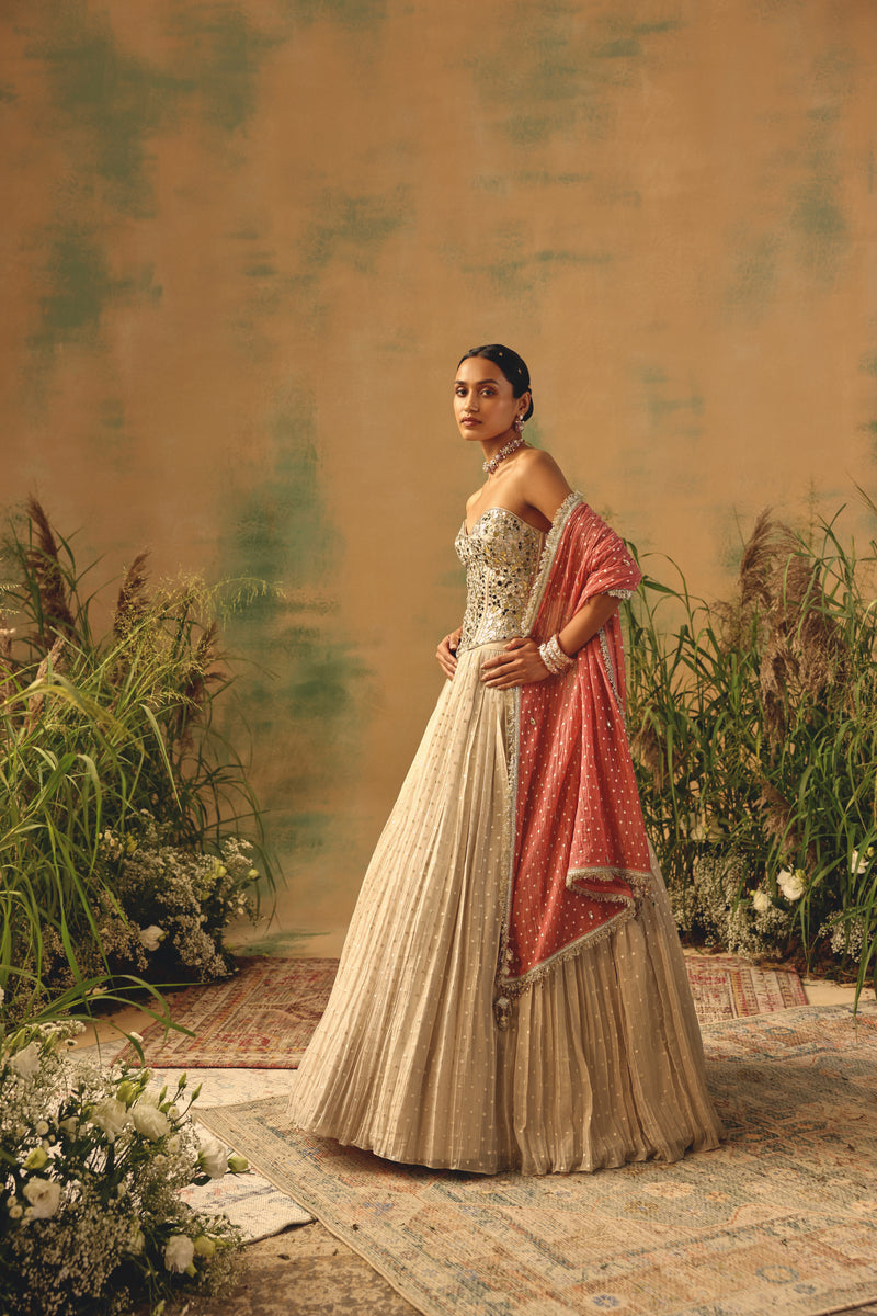 IVORY TISSUE CORSET MIRROR LEHENGA SET