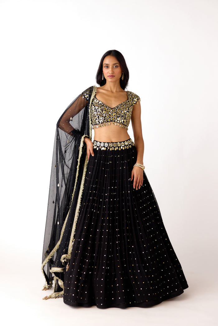BLACK MIRROR EMBROIDERED GEORGETTE LEHENGA SET | Nishly Fashion House