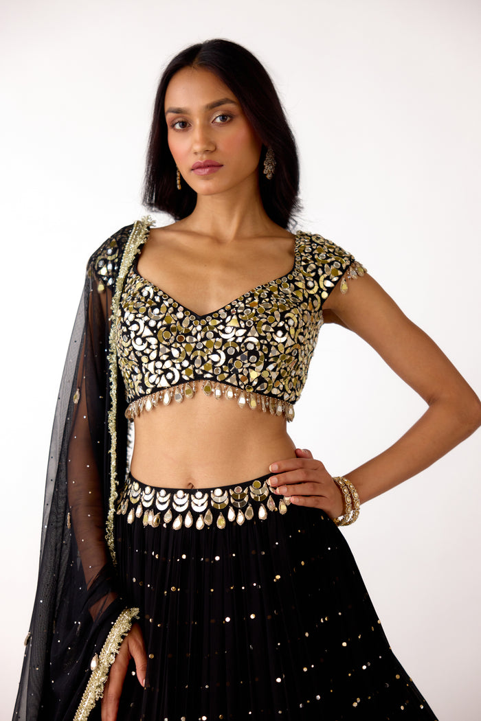 BLACK MIRROR EMBROIDERED GEORGETTE LEHENGA SET | Nishly Fashion House