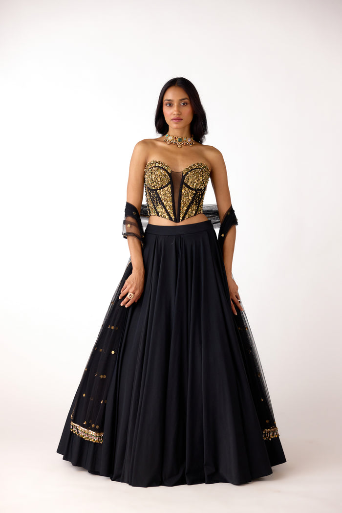 BLACK EMBELLISHED CORSET AND LEHENGA SET | Nishly Fashion House