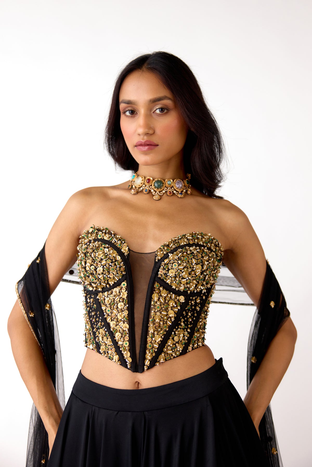 BLACK EMBELLISHED CORSET AND LEHENGA SET | Nishly Fashion House