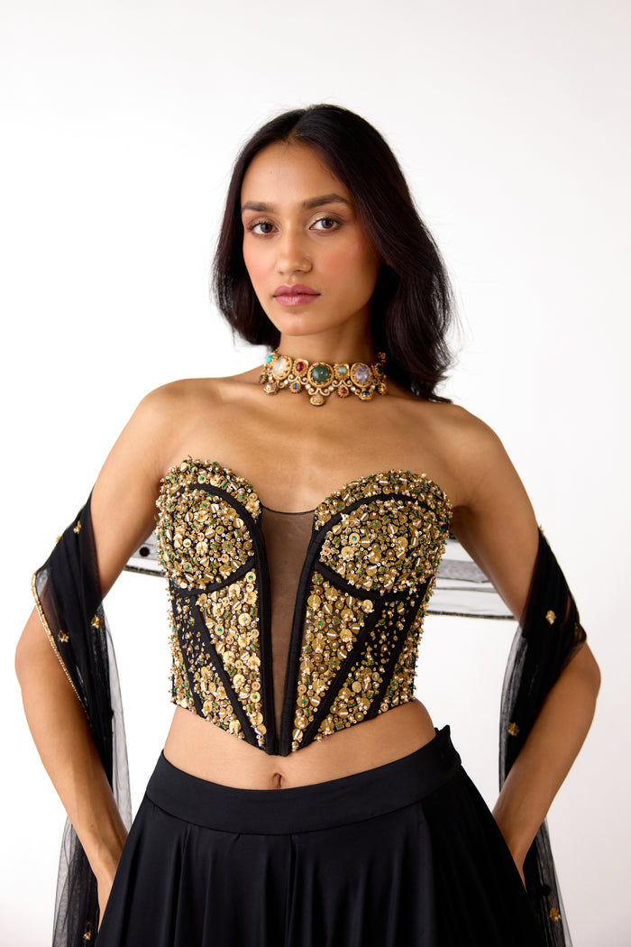 BLACK EMBELLISHED CORSET AND LEHENGA SET | Nishly Fashion House