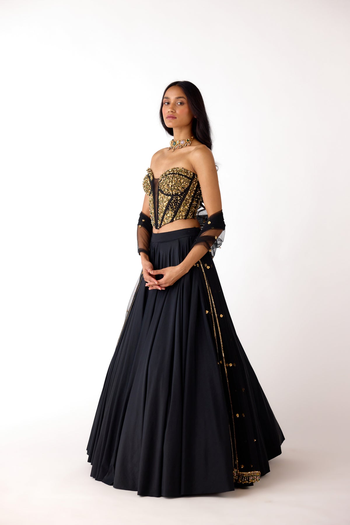 BLACK EMBELLISHED CORSET AND LEHENGA SET | Nishly Fashion House