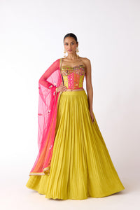 LIME MIRROR EMBROIDERED CORSET AND LEHENGA SET | Nishly Fashion House