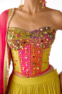 LIME MIRROR EMBROIDERED CORSET AND LEHENGA SET | Nishly Fashion House
