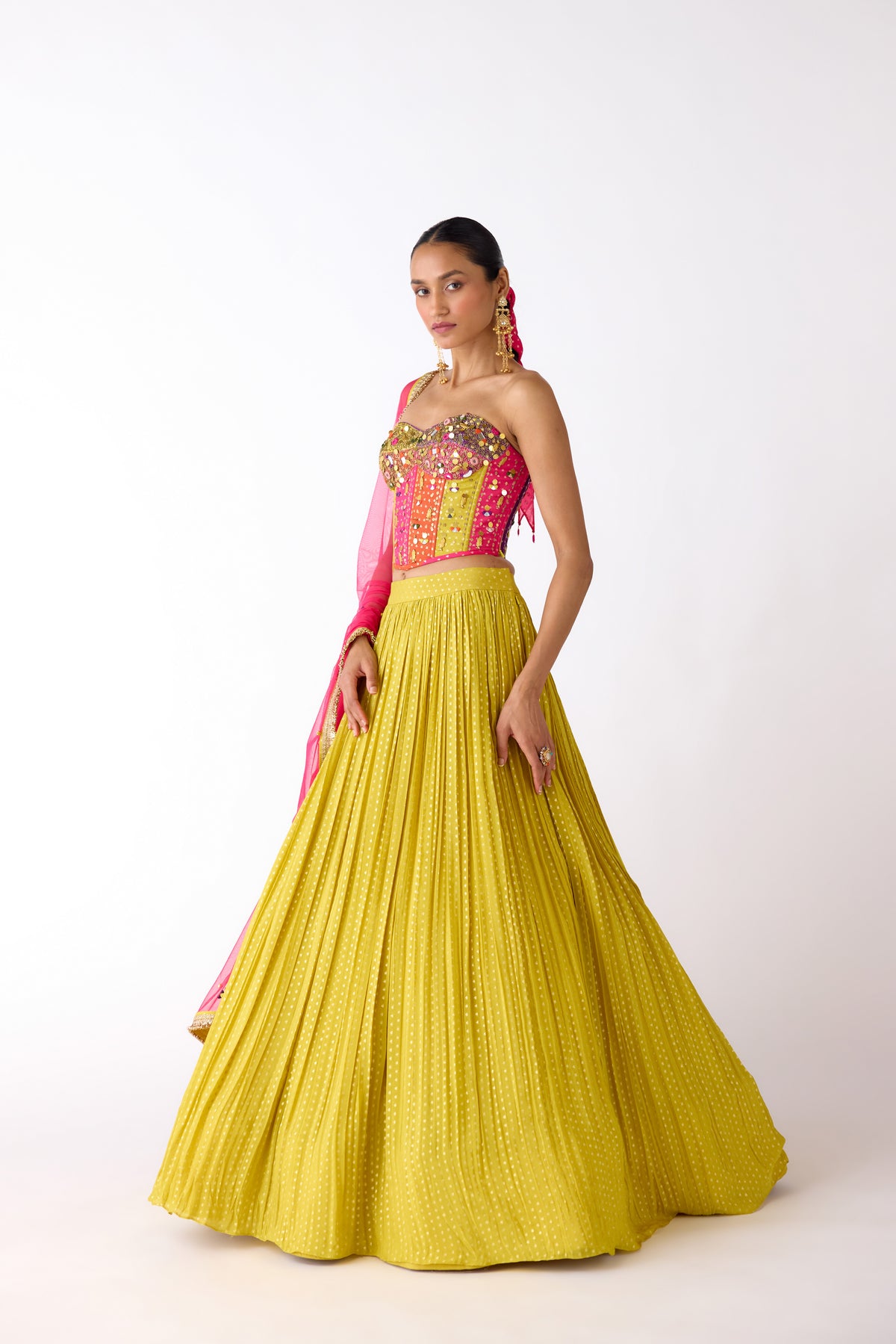 LIME MIRROR EMBROIDERED CORSET AND LEHENGA SET | Nishly Fashion House