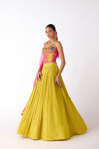 LIME MIRROR EMBROIDERED CORSET AND LEHENGA SET | Nishly Fashion House